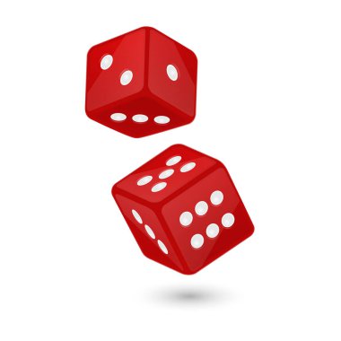 Uçuş closeup beyaz arka plan üzerinde izole kırmızı gerçekçi oyun zar simge vektör Illustration. Casino kumar tasarım şablonu app, reklam, web, infographics için alay kadar vb