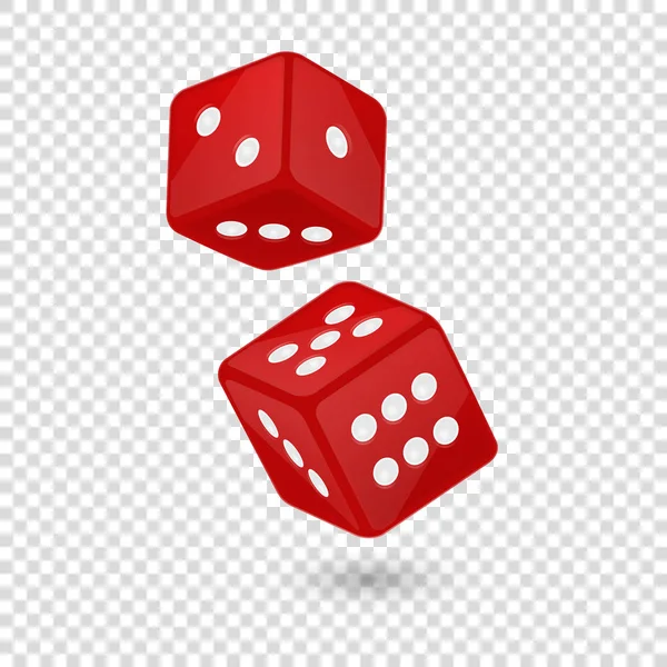 Vektorillustration av röda realistiska spel tärning ikonen i flyg närbild isolerade på öppenhet rutnät bakgrund. Kasino spel formgivningsmall för app, webben, infographics, reklam, håna upp etc — Stock vektor