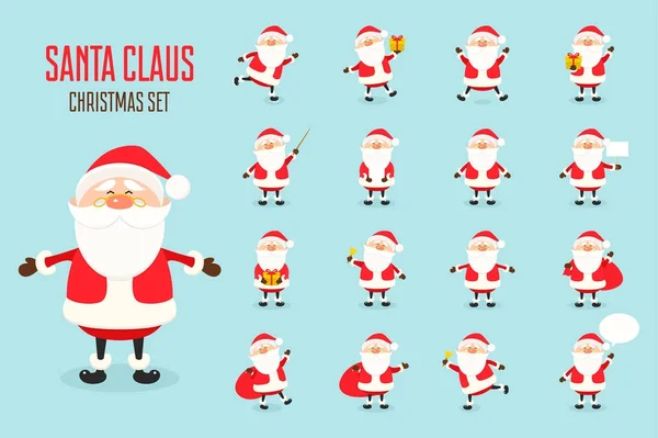 Cute vector Santa Claus icon set in flat style, christmas collection, xmas and New year character in different poses. Funny Santa with different emotions. Design template in EPS10 — Stock Vector