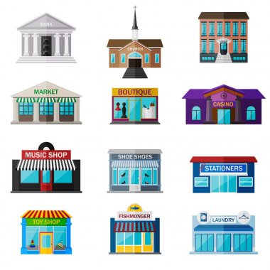 Farklı dükkanlar, kurumlar ve düz Icon set üzerinde beyaz izole depolar. Banka, kilise, Kütüphane, market, butik, casino, müzik shop, Ayakkabı shues, Kırtasiyeler, oyuncak Dükkanı, Balık satıcı, Çamaşırhane içerir