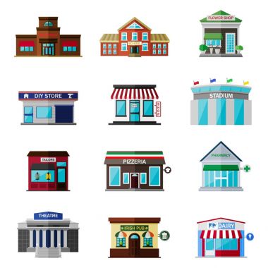 Farklı dükkanlar, binalar ve düz Icon set üzerinde beyaz izole depolar. Restoran, okul, çiçekçi, içerir alışveriş, DIY mağaza, stadyum, terziler, pizzacı, eczane, tiyatro, Irish pub, süt