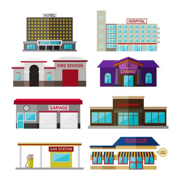 Diferentes lojas, edifícios e lojas ícone plano conjunto isolado em branco. Inclui hotel, hospital, quartel de bombeiros, casino, garagem, supermercado, posto de gasolina, hambúrguer — Vetor de Stock