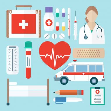 Düz tarzında renk tıp Icon set. Tıp sembolleri portre. İlk yardım çantası, hapları, termometre, şırınga, tüp bebek, yapıştırıcı sıva, ambulans, kanepe, kalem, kalem vb içerir