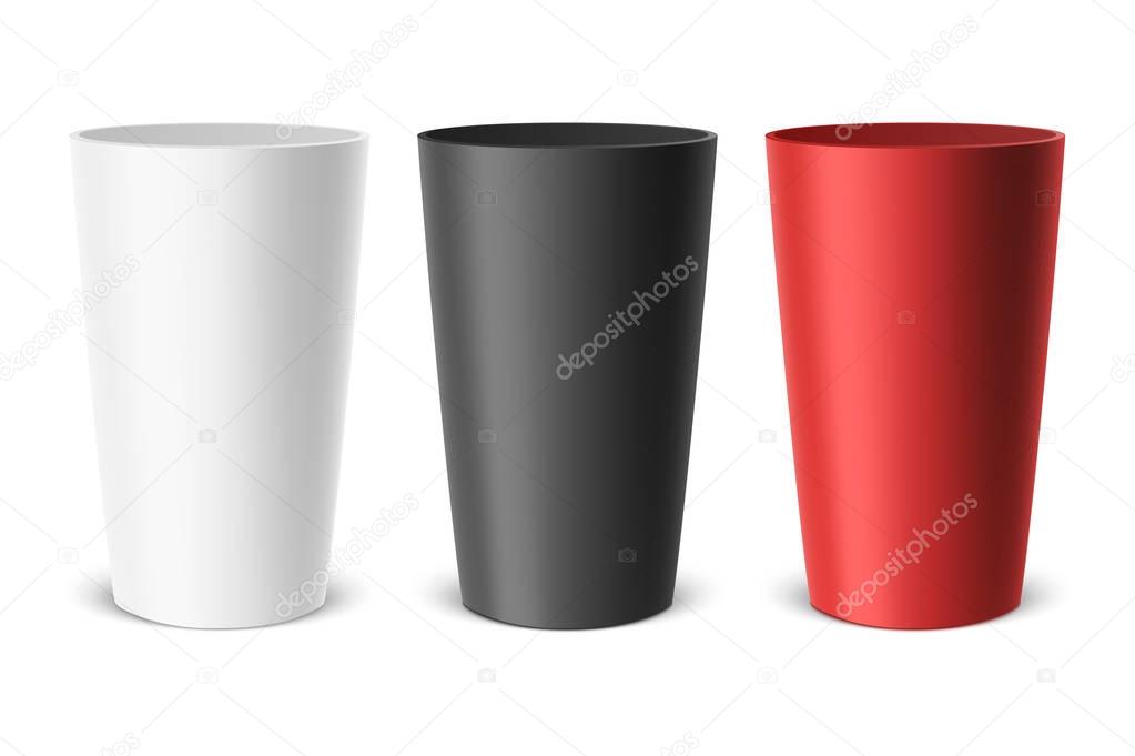 Vector realistic empty clear plastic cup. Example for office supplies, drinks, icon set - white, black, red. Closeup isolated on white background. Design template, clipart or mockup for graphics - web