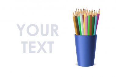 Vektör gerçekçi boş plastik Kupası-stand ile bir dizi renkli kalemler. Beyaz arka plan üzerinde izole kapatmak. Tasarım şablonu, simge, küçük resim veya mockup grafik - web, uygulama açık görünüm