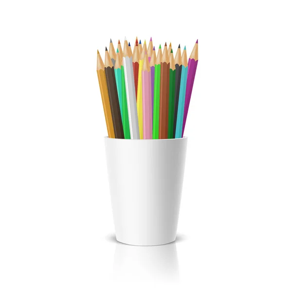 Vetor realista copo-stand plástico em branco com um conjunto de lápis de cor. Fechar em fundo branco com reflexão. Modelo de design, ícone, clipart ou mockup para gráficos - web, aplicativo. Vista frontal — Vetor de Stock