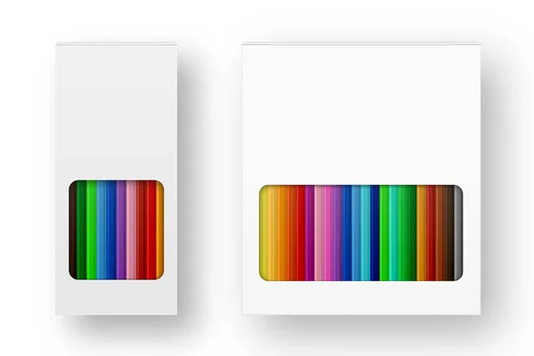 Vector caja realista de lápices de colores icono conjunto primer plano aislado sobre fondo blanco. Plantilla de diseño, clipart o maqueta para gráficos: web, app, branding, publicidad. Vista superior — Archivo Imágenes Vectoriales