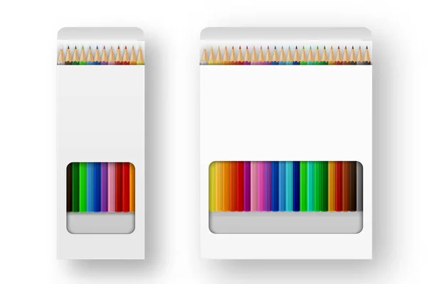 Renkli kalemler simge vektör gerçekçi kutu beyaz arka plan üzerinde izole kapatmak ayarlayın. Tasarım şablon, küçük resim veya grafik - web app, mockup marka, reklam. Üstten Görünüm — Stok Vektör