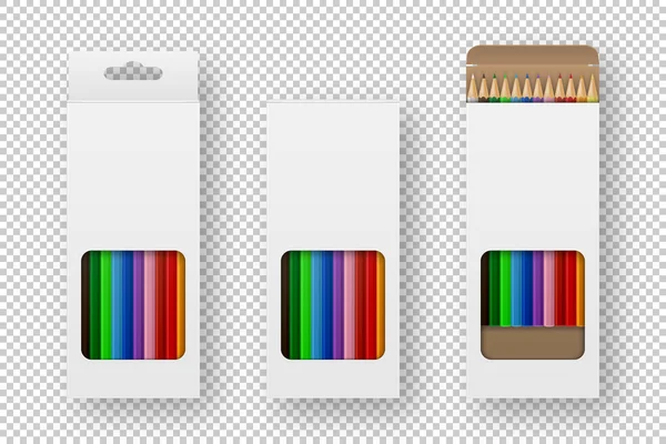 Vektor reális doboz színes ceruza ikon készlet Vértes elszigetelt fehér background. Design sablonok, clipart vagy makett grafikák - web, app, branding, reklám. Szemközti nézet — Stock Vector
