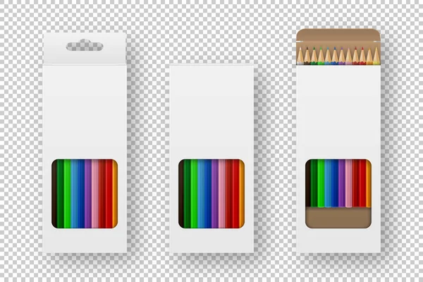 Vektor realistische Box von Buntstiften Symbol-Set Nahaufnahme isoliert auf weißem Hintergrund. Design-Vorlage, Clipart oder Mockup für Grafiken - Web, App, Branding, Werbung. Ansicht von oben — Stockvektor