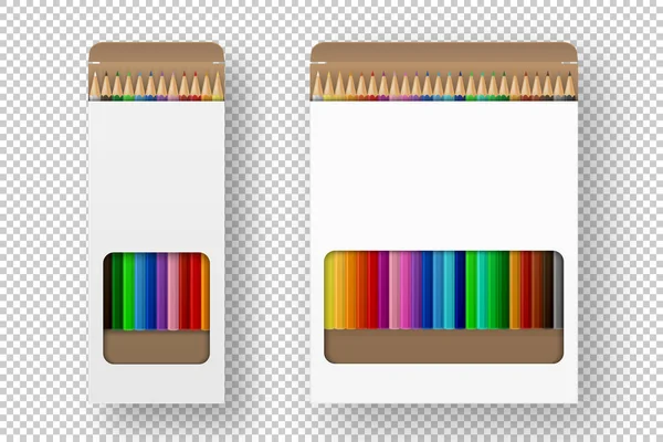 Vektor reális doboz színes ceruza ikon készlet Vértes elszigetelt fehér background. Design sablonok, clipart vagy makett grafikák - web, app, branding, reklám. Szemközti nézet — Stock Vector