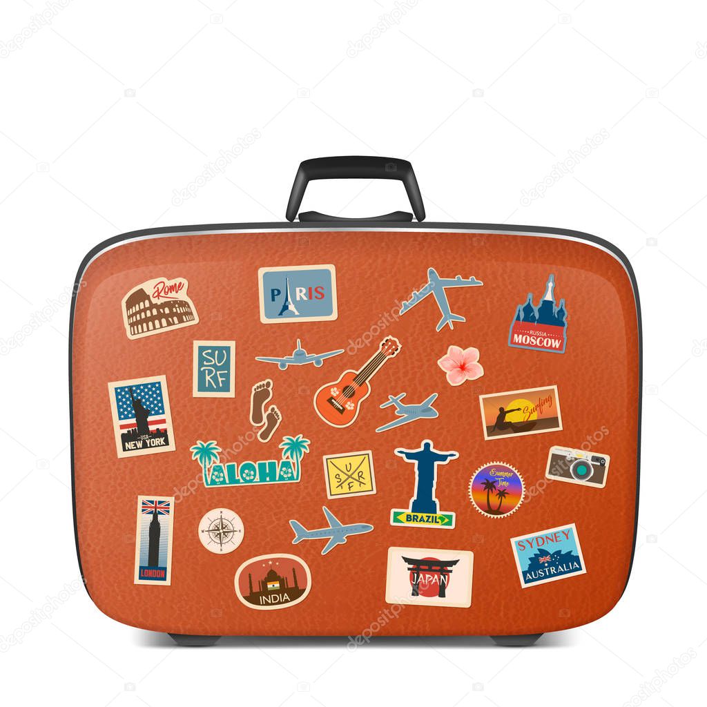 Vector travel stickers, labels with famous countries, cities, monuments and symbols on suitcase in retro vintage style isolated on white. Includes Italy, France, Russia, USA, England, India, Japan etc