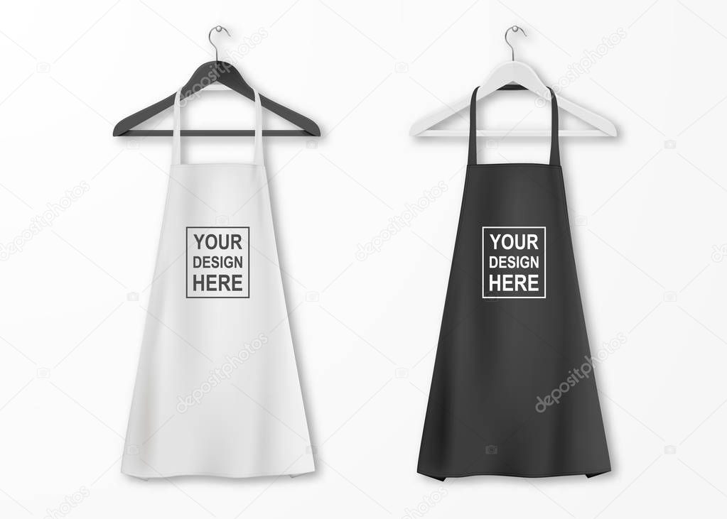Vector white and black cotton kitchen apron set with clothes hangers closeup isolated on white background. Design template, mock up for branding, advertising etc. Cooking or baker concept.