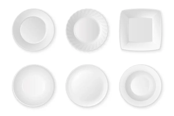 Realistische Vektor weiße Lebensmittel leere Teller-Symbol-Set Nahaufnahme isoliert auf weißem Hintergrund. Küchengeräte Utensilien zum Essen. Design-Vorlage, Mock-up für Grafiken, Druck usw. Ansicht von oben — Stockvektor
