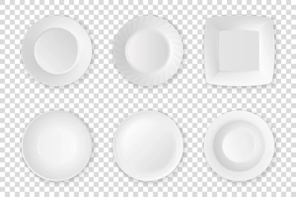 Realistico vettore bianco cibo piatto vuoto icona impostare primo piano isolato su sfondo griglia di trasparenza. Utensili da cucina per mangiare. Modello di progettazione, modellare per la grafica, la stampa ecc. Vista dall'alto — Vettoriale Stock