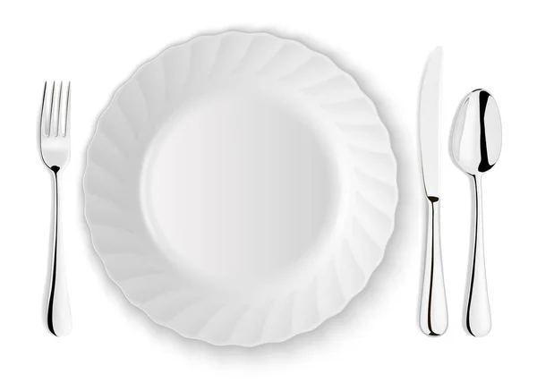 Cucchiaio vettore realistico, forchetta, coltello e piatto piatto primo piano isolato su sfondo bianco. Modello di progettazione o modello up. Vista dall'alto — Vettoriale Stock