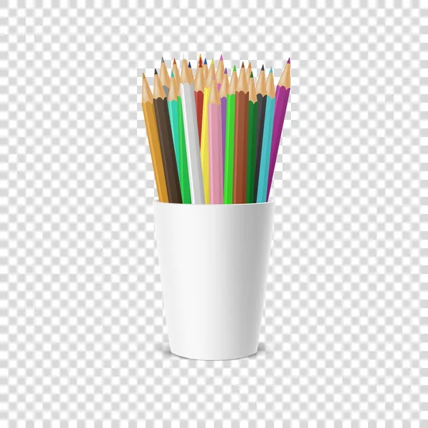 Vector realista de plástico en blanco taza de pie icono con un conjunto de lápices de colores. Primer plano aislado sobre fondo de rejilla de transparencia. Plantilla de diseño, portada o maqueta para gráficos - web, aplicación. Vista frontal — Vector de stock