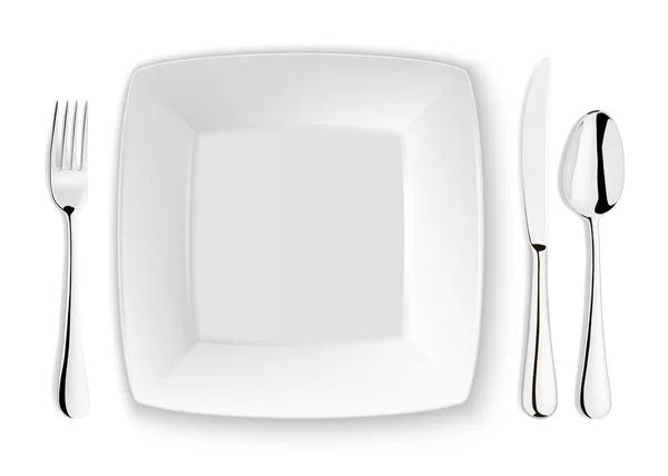Реалистичная векторная ложка, вилка, нож и тарелка крупным планом изолированы на белом фоне. Дизайн шаблона или макет. Вид сверху — стоковый вектор