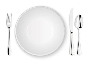 Beyaz arka plan üzerinde izole gerçekçi vektör kaşık, çatal, bıçak ve tabak tabak portre. Tasarım şablonu veya yukarı alay. Üstten Görünüm