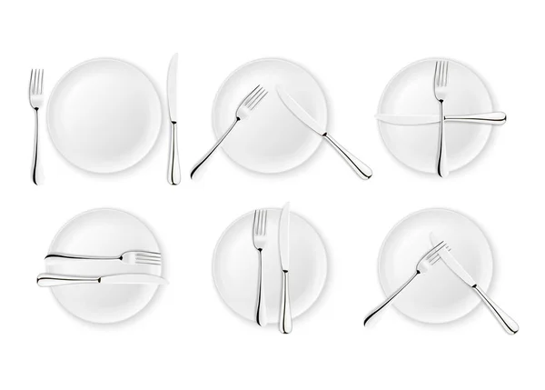 Realistic cutlery and signs of table etiquette, vector icons isolated on white background. Fork, knife and dish plate set. Design template, mockup of tableware. Top view — Stock Vector