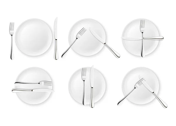 Talheres realistas e sinais de etiqueta de mesa, ícones vetoriais isolados em fundo branco. Conjunto de garfo, faca e prato. Modelo de design, mockup de utensílios de mesa. Vista superior — Vetor de Stock