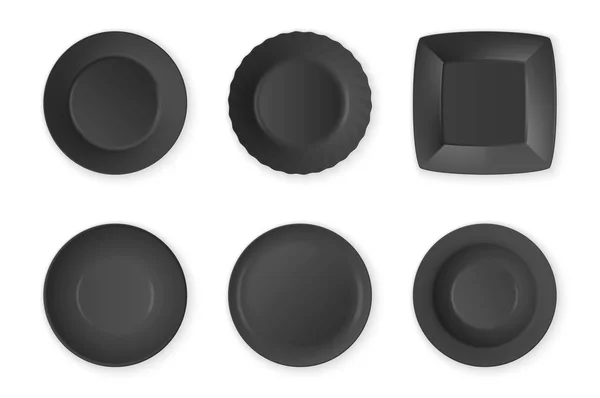 Realistic vector black food empty plate icon set closeup isolated on white background. Kitchen appliances utensils for eating. Design template, mock up for graphics, printing etc. Top view — Stock Vector