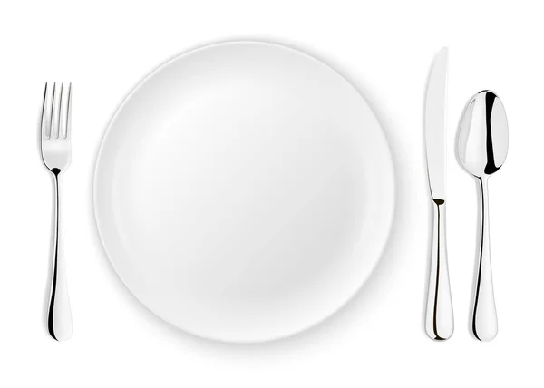 Ρεαλιστική διάνυσμα κουτάλι, πιρούνι, μαχαίρι και ένα πιάτο πιάτο closeup απομονώνονται σε λευκό φόντο. Πρότυπο σχεδίασης ή χλευάσουμε επάνω. Το Top view — Διανυσματικό Αρχείο