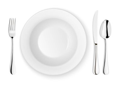 Beyaz arka plan üzerinde izole gerçekçi vektör kaşık, çatal, bıçak ve tabak tabak portre. Tasarım şablonu veya yukarı alay. Üstten Görünüm