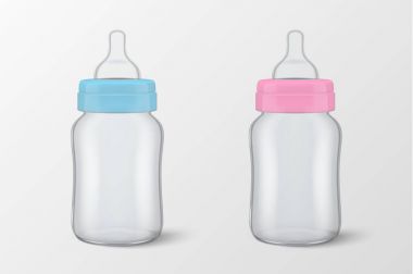 İki çocuk - mavi - için gerçekçi boş bebek şişe vektör ve beyaz arka plan üzerinde izole kapatmak kız - pembe - Icon set. Steril boş süt kapsayıcı tasarım şablonu, mockup grafikler için