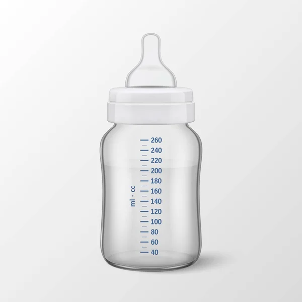 Realistic vector illustration - Water in baby bottle with scale of measurement icon closeup isolated on white background. Sterile empty milk container design template, mockup for graphics — Stock Vector