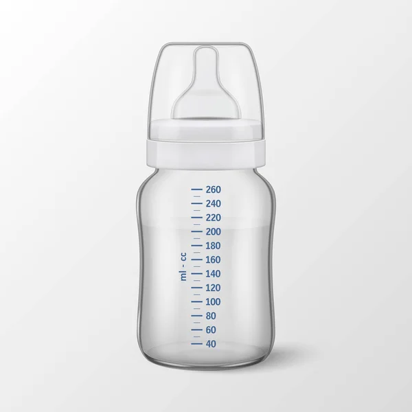 Realistic vector illustration - Water in baby bottle with scale of measurement icon closeup isolated on white background. Sterile empty milk container design template, mockup for graphics — Stock Vector