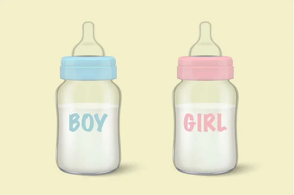 Realistic baby mother breast milk in two baby milk bottles for boy - blue - and girl - pink - icon set closeup. Sterile empty milk container design template, mockup for graphics — Stock Vector