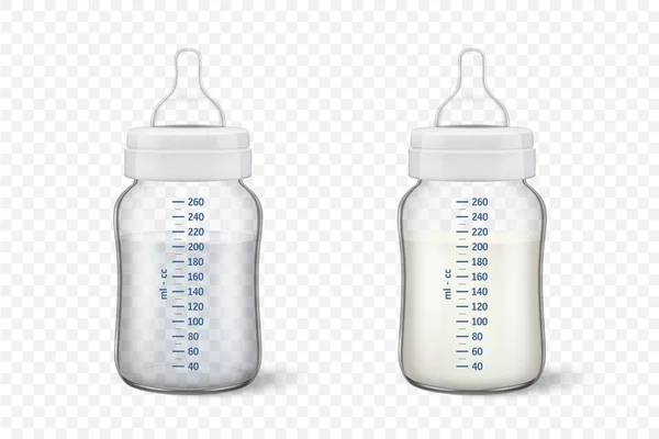 Realistic baby mother breast milk and water in two in baby milk bottles - icon set closeup isolated on transparency grid background. Sterile milk container design template, mockup for graphics — Stock Vector
