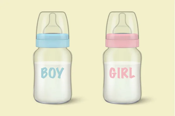 Realistic baby mother breast milk in two baby milk bottles for boy - blue - and girl - pink - icon set closeup. Sterile milk container design template, mockup for graphics — Stock Vector