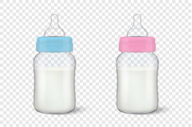 Gerçekçi bebek anne sütü iki bebek süt şişeleri - mavi - erkek ve kız - pembe - simge için izole kapatmak ayarlayın. Steril süt kapsayıcı tasarım şablonu, mockup grafikler için