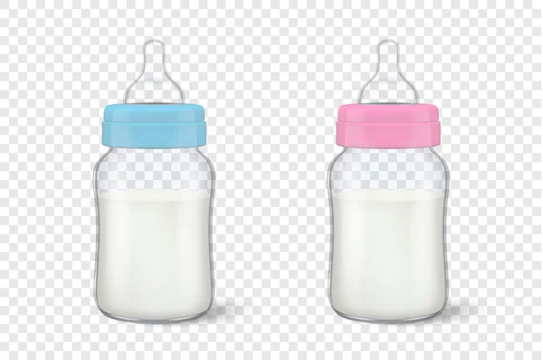 Latte materno bambino realistico in due biberon per bambino - blu - e ragazza - rosa - set icona primo piano isolato. Modello di design del contenitore per latte sterile, modello per grafica — Vettoriale Stock