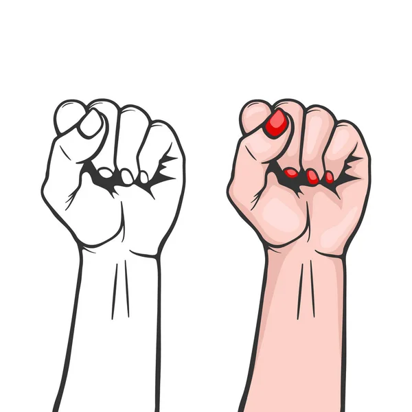 Raised women s fist isolated - symbol unity or solidarity, with oppressed people and women s rights. Feminism, protest, rebel, revolution or strike sign. Template for art posters, backgrounds etc — Stock Vector