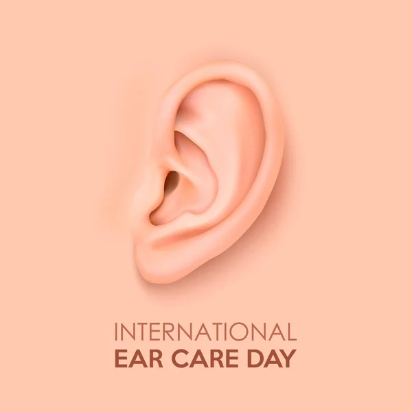 リアルな人間の耳のクローズ アップとベクトルの背景。国際耳ケアの日。身体の部分、web アプリ、ポスター、インフォ グラフィックなどの人間オルガンのテンプレートをデザインします。 — ストックベクタ