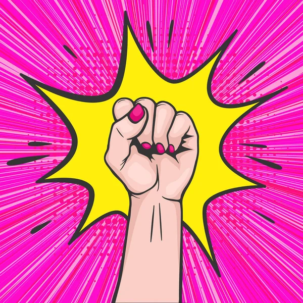 Background with raised women s fist in pop art comic style - symbol unity or solidarity, with oppressed people and women s rights. Placard with feminism concept, protest, rebel, revolution or strike — Stock Vector