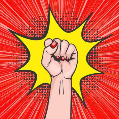 Arka plan ile yükseltilmiş kadınlar s yumruk pop art comic stili - sembolü birlik veya ezilen insanlar ve kadın s hakları ile dayanışma içinde. Feminizm kavramı, protesto, asi, devrim ya da grev ile tasarlamak