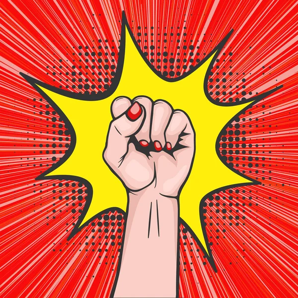 Background with raised women s fist in pop art comic style - symbol unity or solidarity, with oppressed people and women s rights. Placard with feminism concept, protest, rebel, revolution or strike — Stock Vector