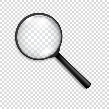 Foto-gerçekçi vektör 3d siyah Büyüteç veya saydamlık ızgara arka plan üzerinde izole Loup simgesi portre. Grafik tasarım şablonu