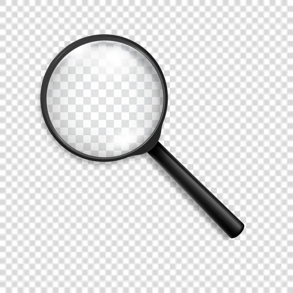 Foto-realista vetor 3d lupa preta ou ícone Loup closeup isolado no fundo grade transparência. Modelo de design para gráficos — Vetor de Stock
