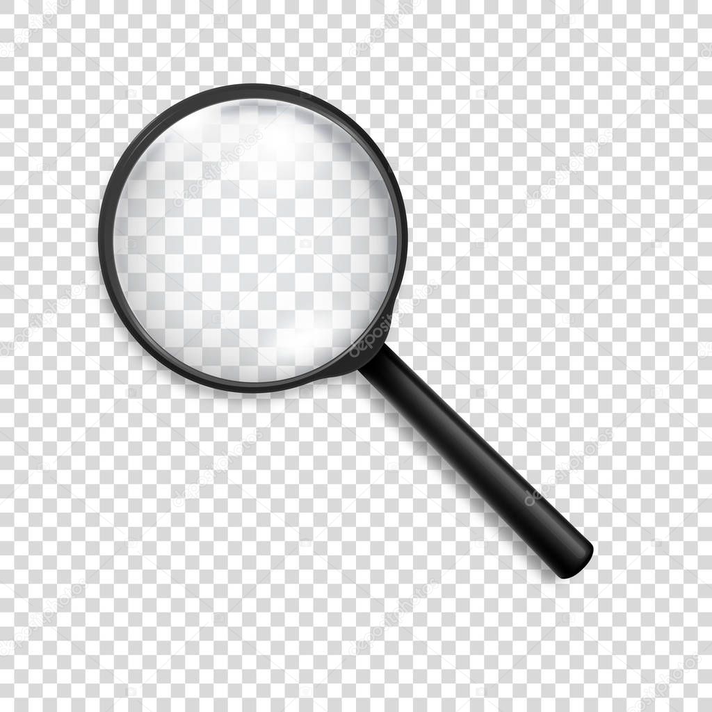 Photo-realistic vector 3d black magnifying glass or Loup icon closeup isolated on transparency grid background. Design template for graphics