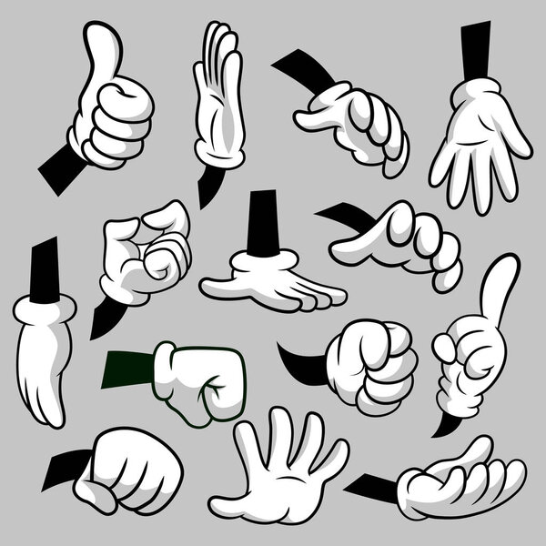 Мультфильм руки с перчатками значок набор изолирован. Векторный клипарт - части тела, руки в белых перчатках. Коллекция жестов. Шаблоны: Графика
