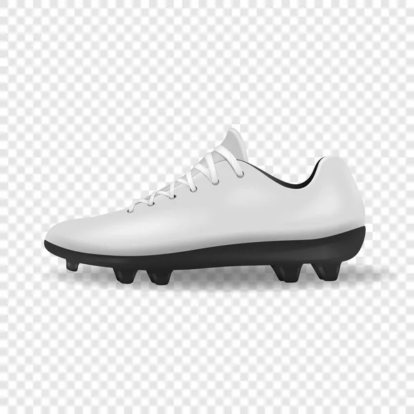 Fotorealistische Vektor 3d weiß leer, leere Herren Fußball- oder Fußballschuhe, Schuhe Ikone Nahaufnahme isoliert auf Transparenzgitter Hintergrund. Fußballspiel professionelle Fußballer Ausrüstung. Designvorlage — Stockvektor