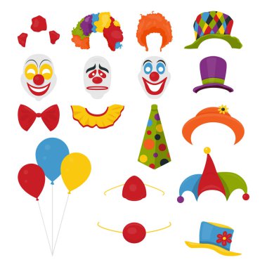 Parti doğum günü veya 1 Nisan - aptal s gün vektör - booth sahne fotoğraf. Şapkalar, peruk, Kravatlar, palyaço burun, maskeler, balonlar ve silindir simgesi üzerinde izole beyaz arka plan ayarlayın. Clipart, tasarım şablonları