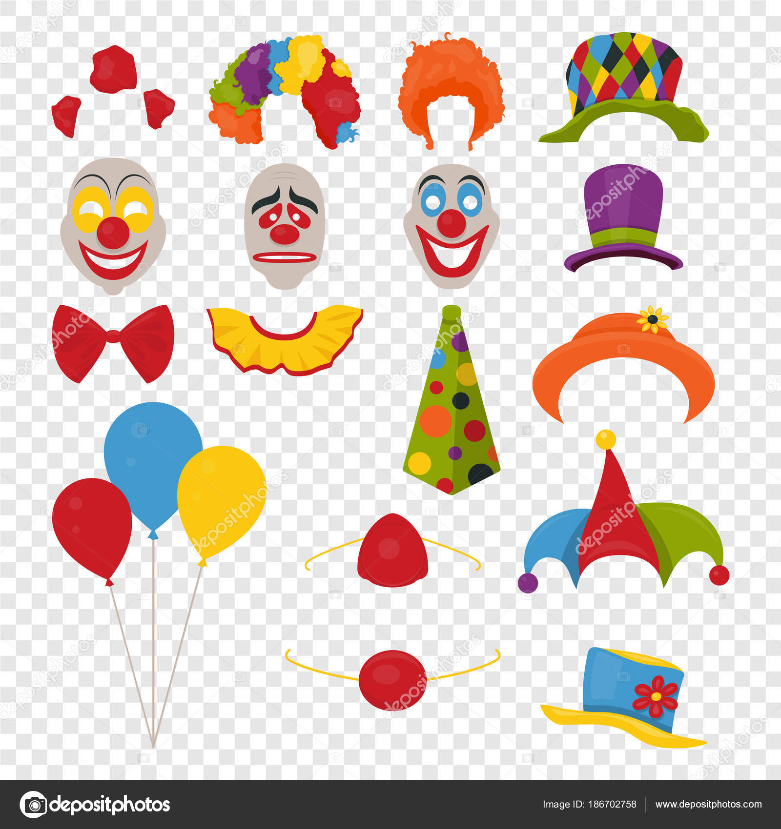 矢量党生日或4月1日-傻瓜的一天-照片摊位道具。帽子, 假发, 领带, 小丑鼻子, 面具, 气球和气缸图标设置隔离的透明度网格背景。剪贴画, 设计, image size:1600x1700