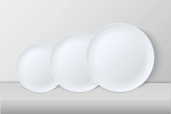 逼真的矢量白色食品碟板图标设置前视图特写-小, 中, 大。设计模板, 模拟图形, 印刷等 — 图库矢量图片