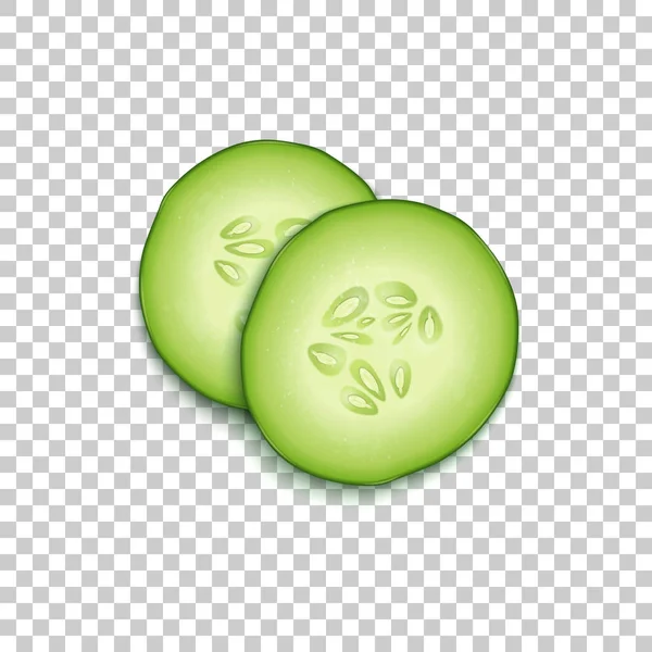 Twee realistische vector 3d segment sappige komkommers pictogram close-up geïsoleerd op transparantie raster achtergrond, bovenaanzicht. Ontwerpsjabloon voor graphics, voedsel vectorillustratie — Stockvector
